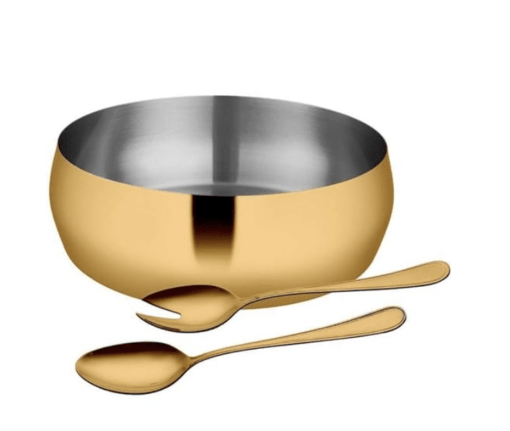 Shri & Sam Stainless Steel High Grade Stainless Steel 3 Pieces Salad Bowl with Gold PVD Coating for Salad Serving,2 Pieces Serving Spoon and 1 PC Salad Bowl 22 cm